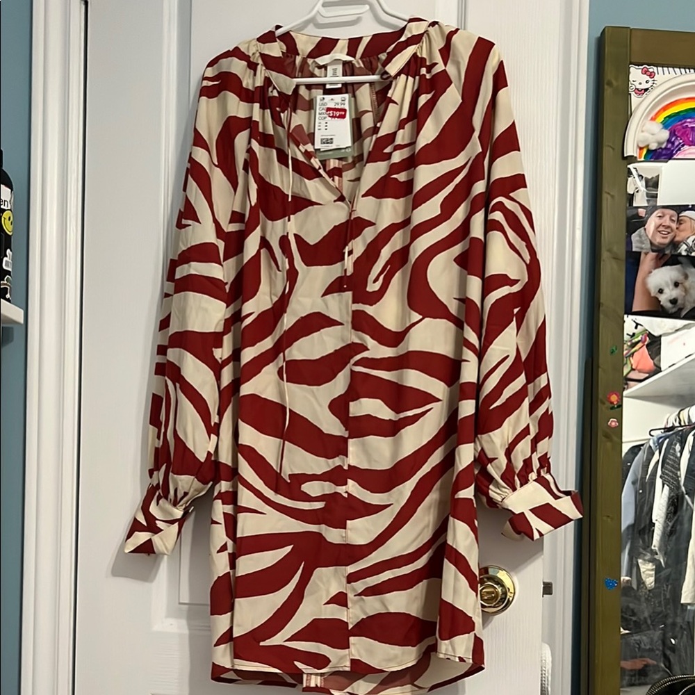 H&M Red and Cream Cowl Neck Long Sleeve Dress